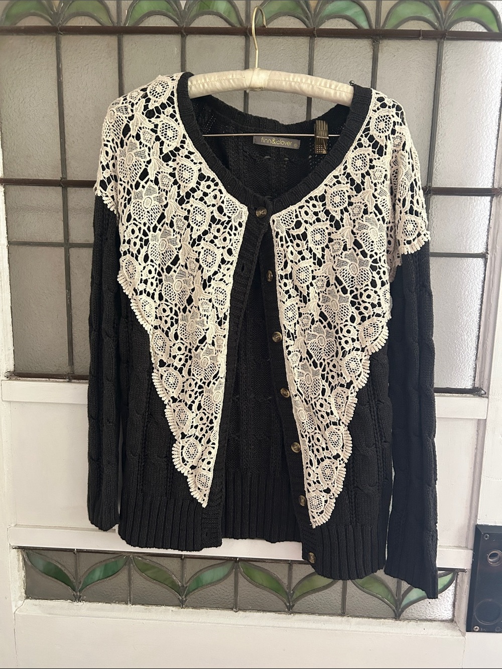 Black Knit Cardigan with Cream Lace Overlay